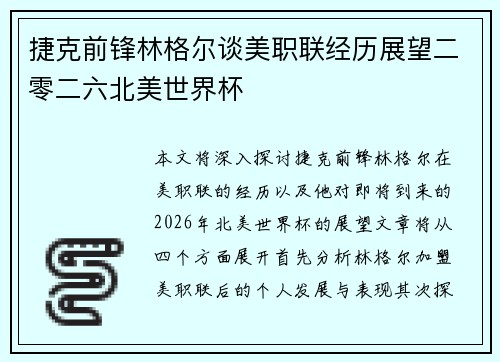 捷克前锋林格尔谈美职联经历展望二零二六北美世界杯