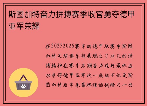 斯图加特奋力拼搏赛季收官勇夺德甲亚军荣耀